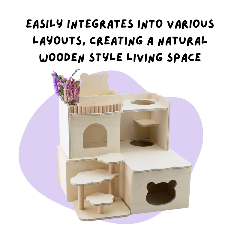 Bear-Shaped Wooden Hamster House with Multiple Rooms for Cage Corners