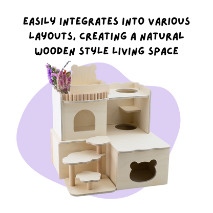 Bear-Shaped Wooden Hamster House with Multiple Rooms for Cage Corners